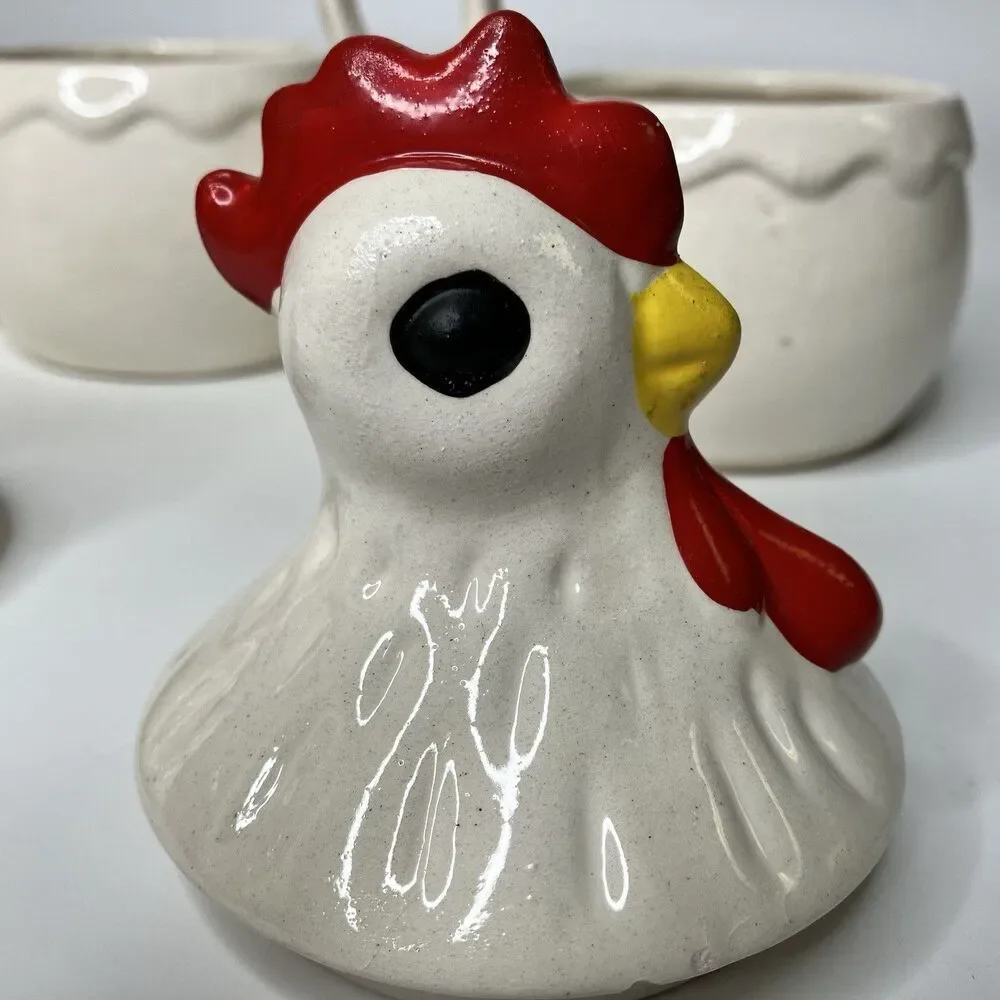 Vtg Rooster & Chicken Hen Coffee & Sugar Bowls Spanish Folk Art White Farmhouse